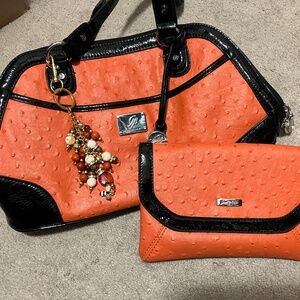 Grace Adele Handbag Orange Black and Clutch Wallet New with Purse Charm Floral